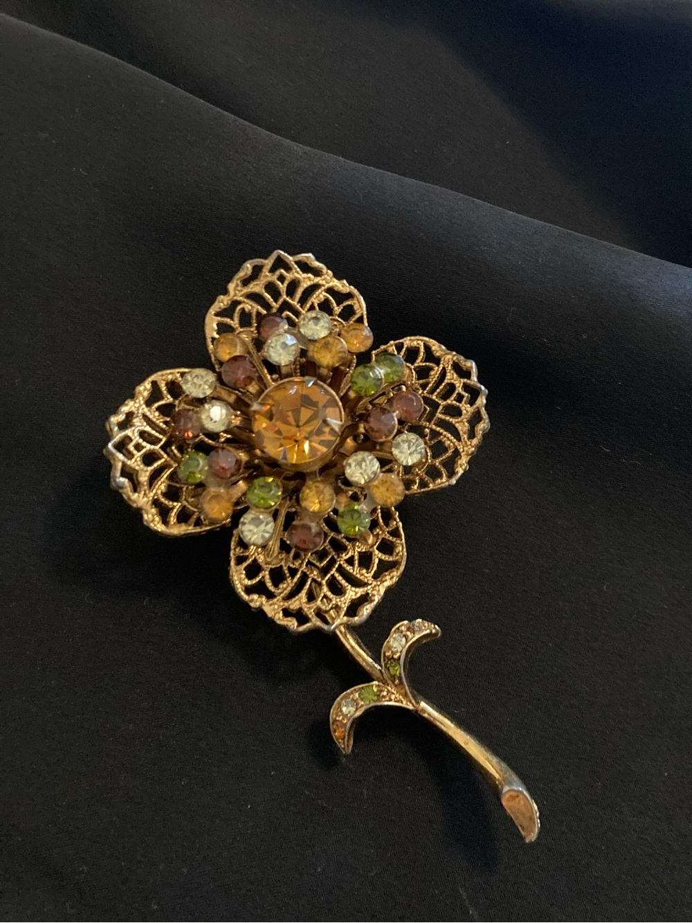 Gold-Tone Floral Crystal Brooch with Multicolor Stones